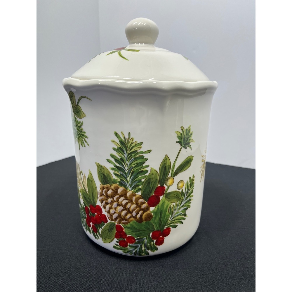 Maxcera Christmas Pinecone Holly Berry Ceramic Canister Holiday Cookie Jar Lid